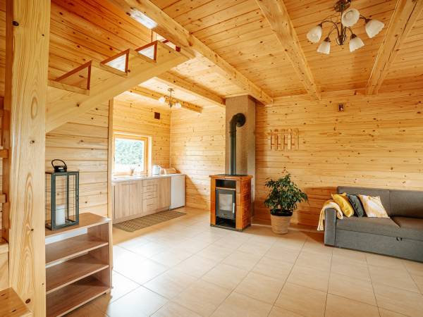 Dolny Domek- salon z kominkiem i rozkładaną rogówką.