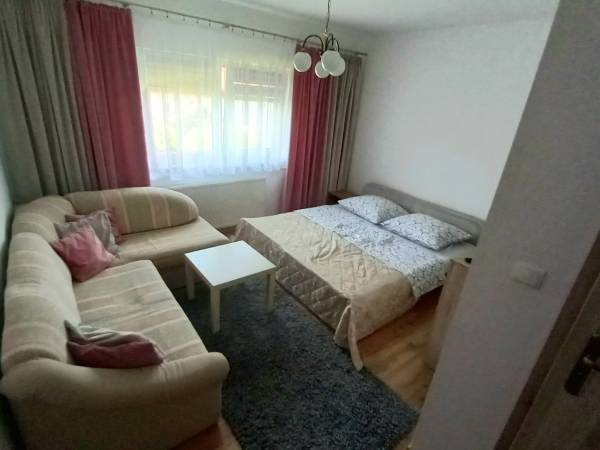 Pokój z wyjściem na taras przez kuchnie