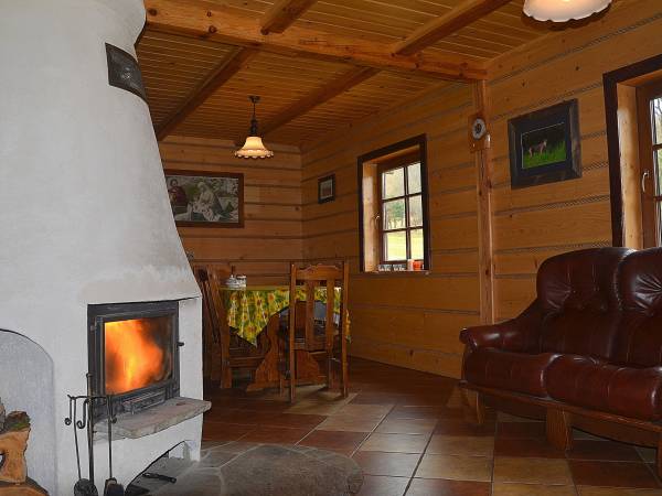 część wypoczynkowa z kominkiem i aneksem kuchennym