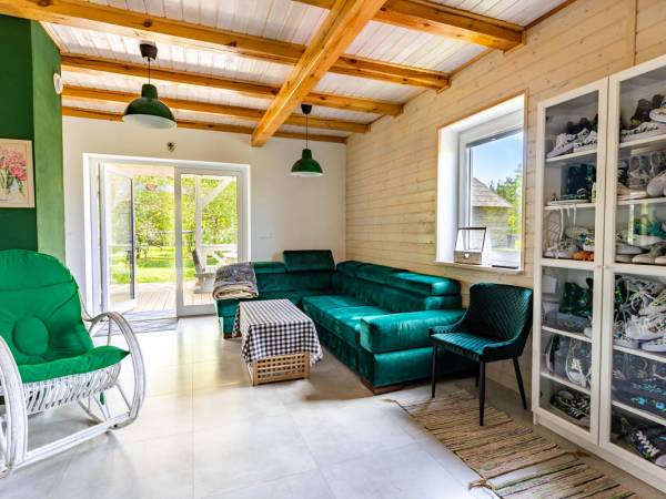 Salon z rozkładaną kanapą.