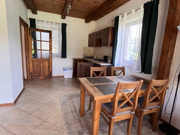 Widok na jadalnię i aneks kuchenny apartamentu Drewno