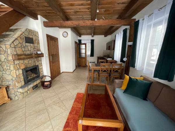 Widok na salon i jadalnię apartamentu Drewno