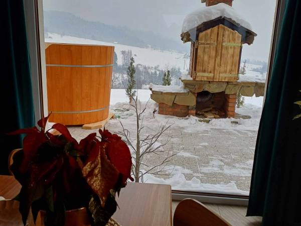 widok z okna na kominek i balie 