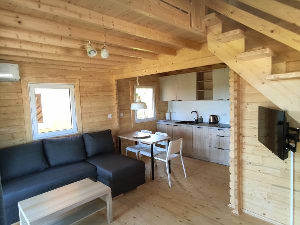 salon z kuchnią w domku jeden