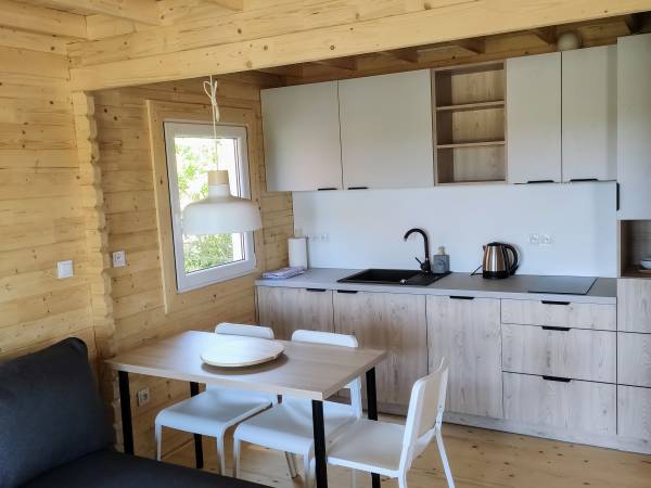 salon z kuchnią w domku dwa