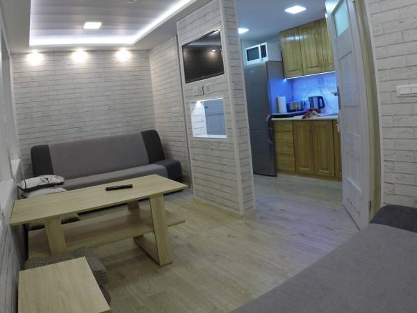 Mniejszy domek - salon, aneks kuchenny