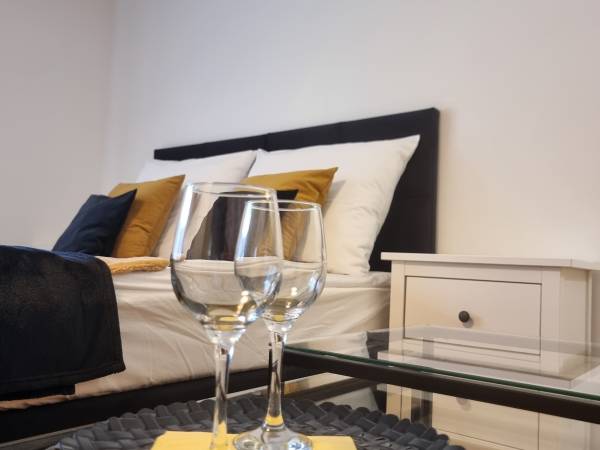 pokój 3-osobowy z podwójnym łóżkiem i podwójną sofą oraz wyjściem do ogrodu