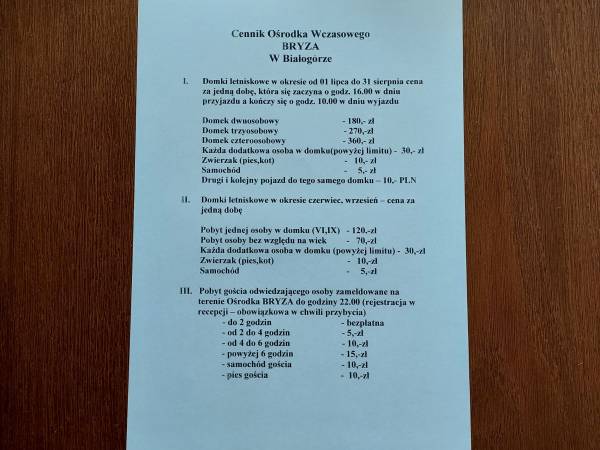 Cennik ośrodka - 2023r.