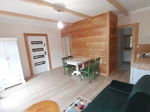 Salon z aneksem w domku modrzewiowym