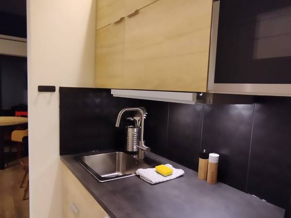 Aneks kuchenny w apartamencie na piętrze, z antresolą i balkonem