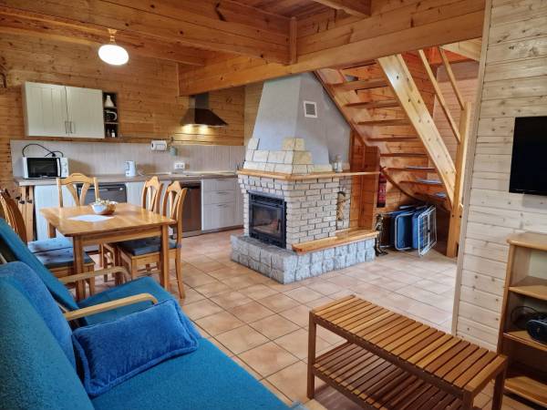 Salon z kominkiem w domku