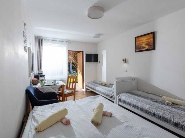 Pokój sosnowy 4 osobowy, parter, wejście z tarasu i taras. Pokój numer 2.