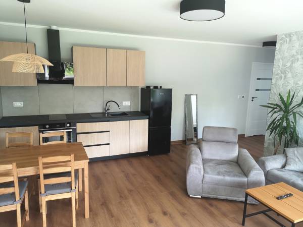 Apartament na Bursztynowej 2, salon z aneksem kuchennym