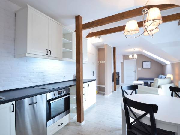 Apartament B - bogato wyposażona kuchnia z jadalnią.