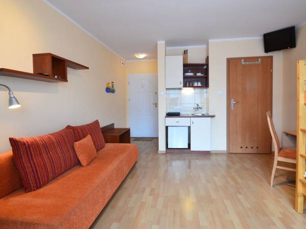 Pokój na piętrze - obok rozkładanej kanapy łóżko piętrowe.